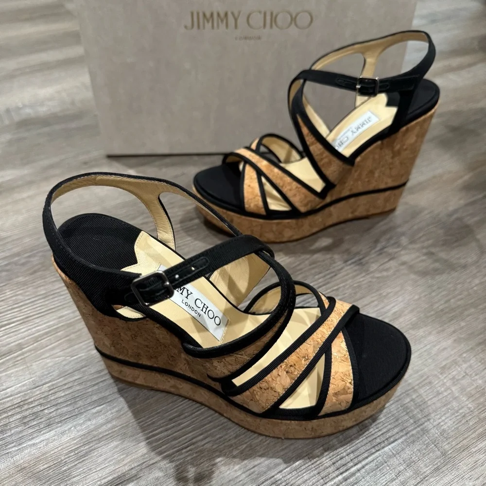 Jimmy Choo Alissa 120 Natural Black Cork Grossgrain Wedges